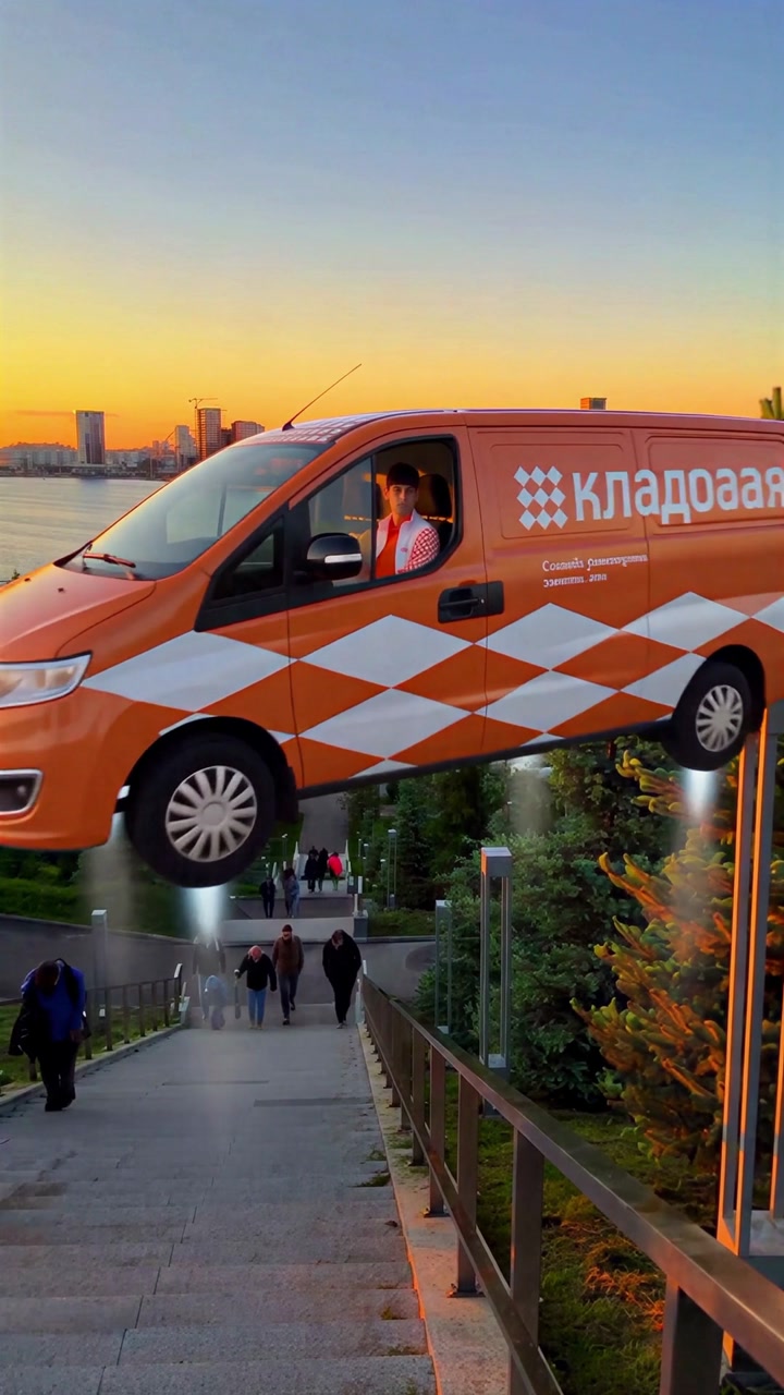 Оранжевый фургон «Кладовой» летит над Казанью на закате