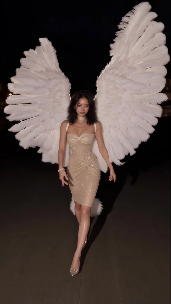 Ночной fashion-портрет в сияющем платье цвета шампанского с огромными белыми перьевыми крыльями. Шаги, раскрытые руки и улыбка.